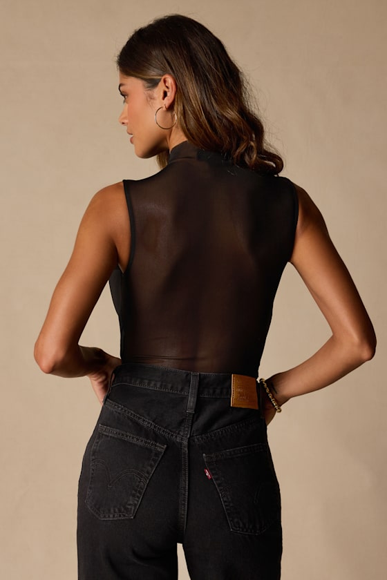 Salma Black Mesh Cowl Sleeveless Bodysuit