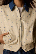 Pomelina Cream Floral Twill Collared Jacket