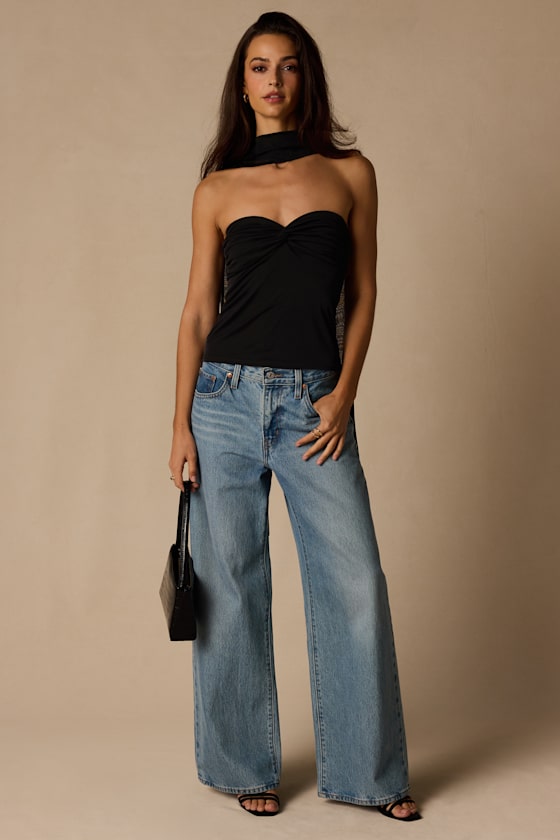 Genevieve Black Mesh Sash Scarf Strapless Top