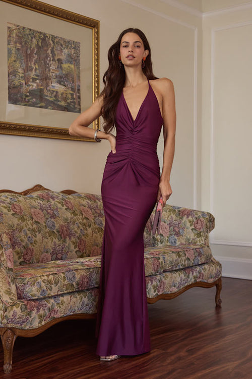 Zaniya Plum Ruched Halter Maxi Dress