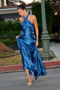 Canley Blue Satin Cross-Front Halter Maxi Dress