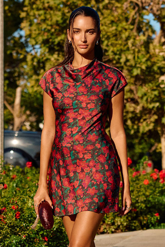 Ariya Red Multi Floral Satin Mock Neck Mini Dress