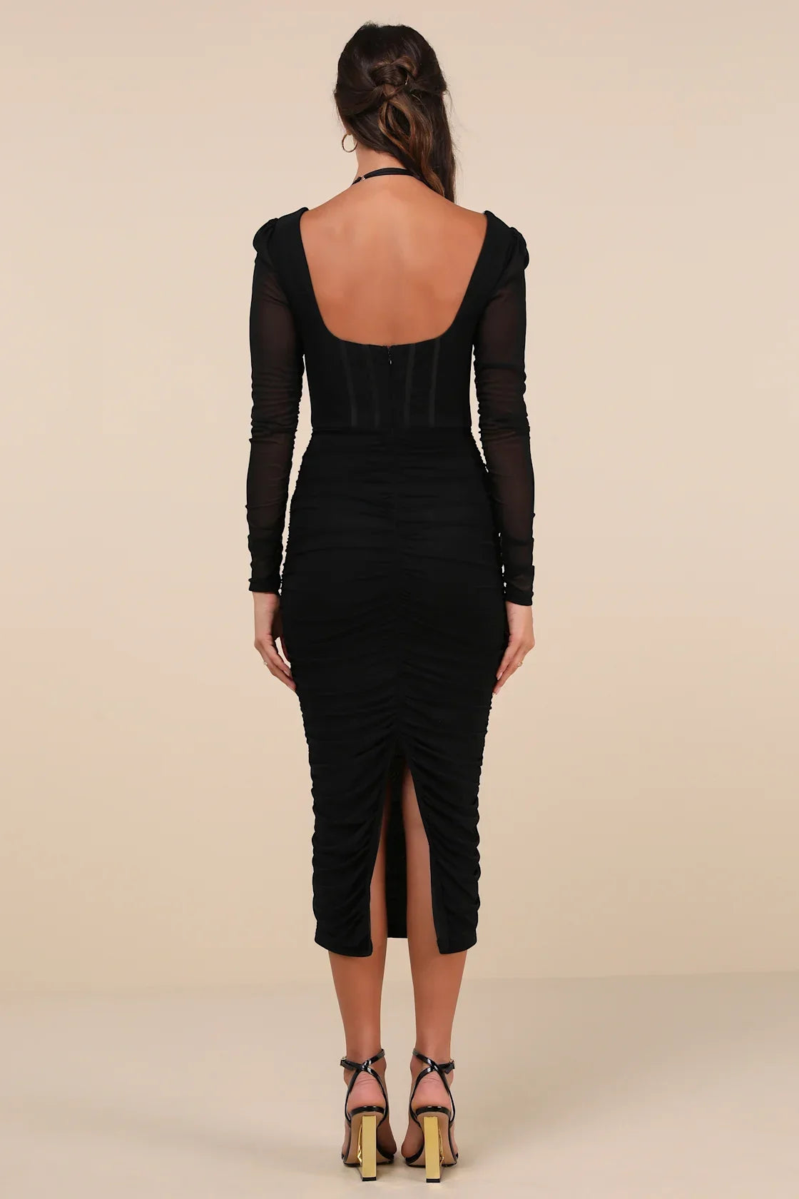 Dramatic Demure Black Mesh Halter Bustier Midi Dress