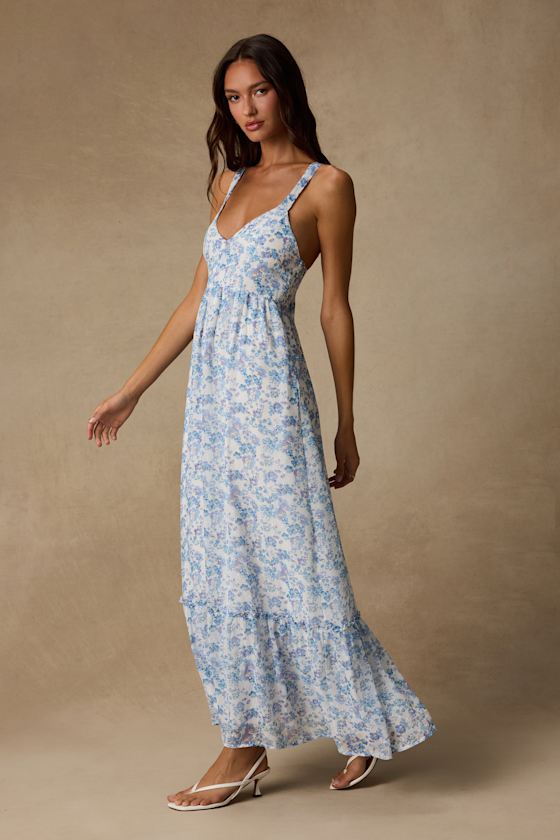 My Love Story White Floral Print Tie-Back Maxi Dress