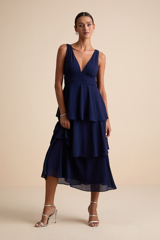 Celebration Time Navy Blue Sleeveless Tiered Midi Dress