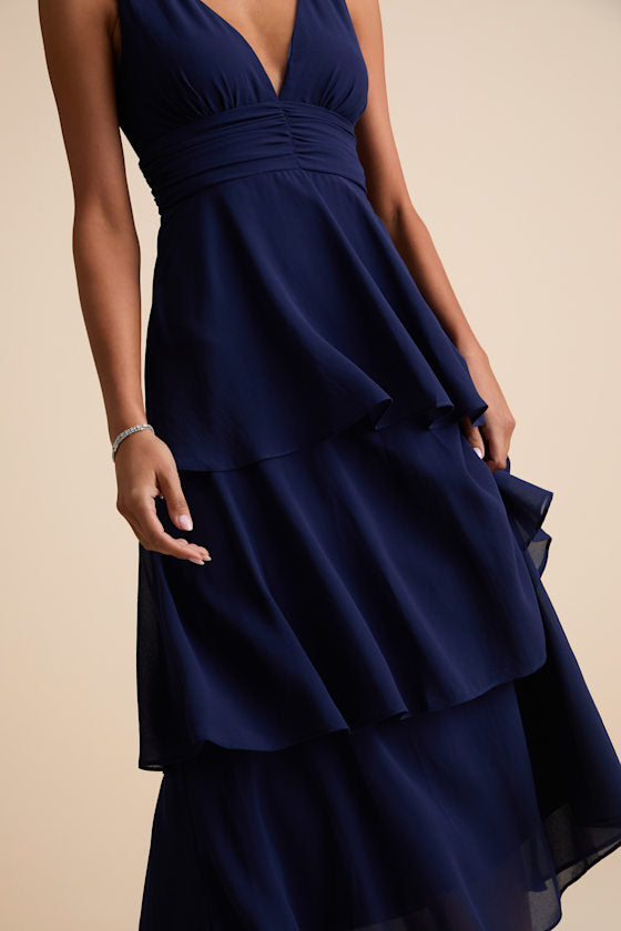 Celebration Time Navy Blue Sleeveless Tiered Midi Dress