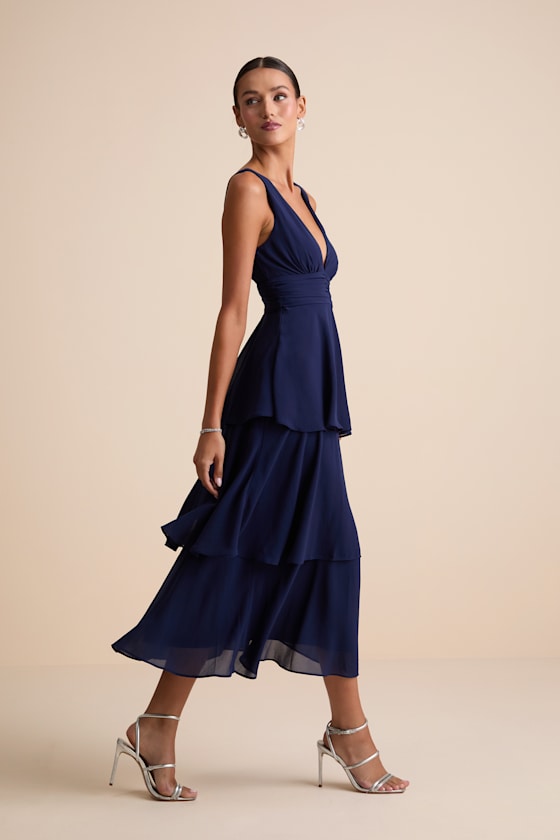 Celebration Time Navy Blue Sleeveless Tiered Midi Dress