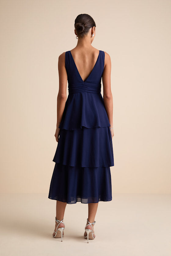 Celebration Time Navy Blue Sleeveless Tiered Midi Dress