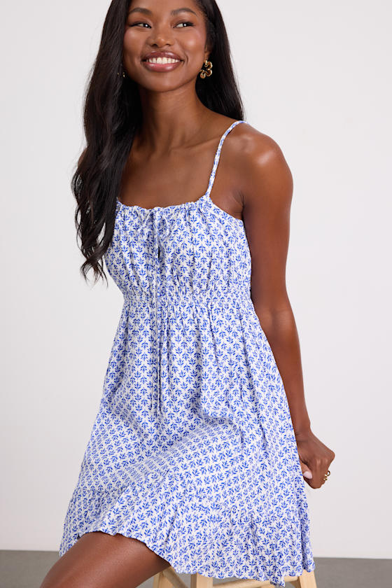 Grecian Getaway Blue and White Print Mini Dress