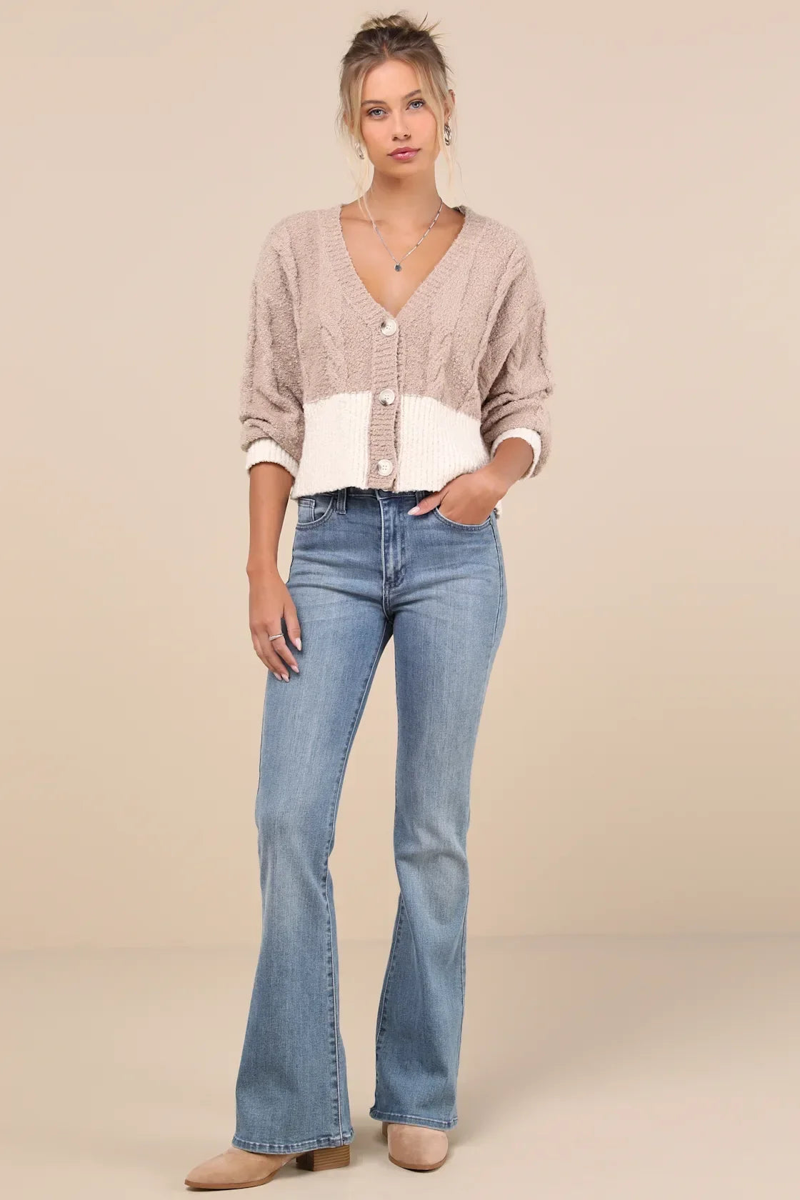 Convincingly Cozy Beige and Ivory Cable Knit Boucle Cardigan