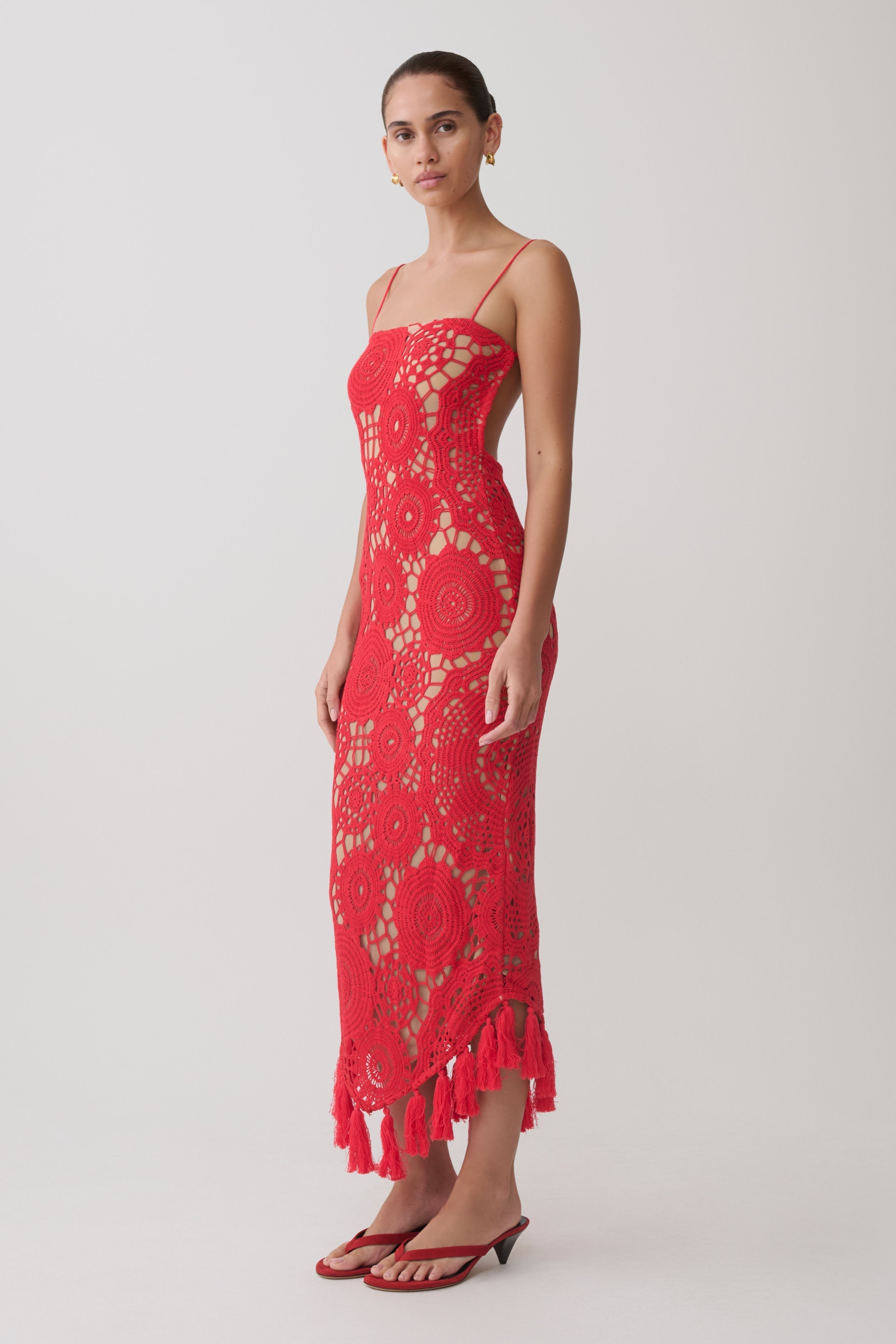 Delta Crochet Halter Midi Dress - Red