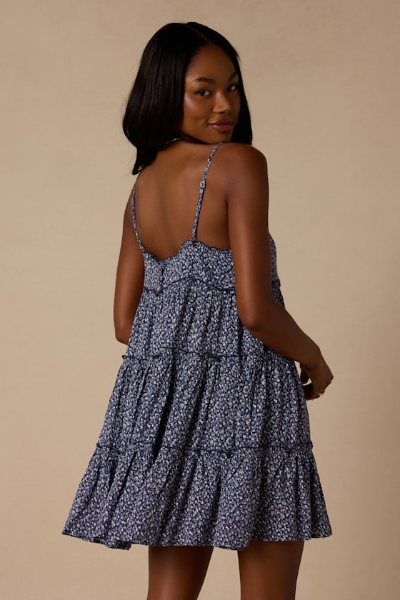 Sitting in the Sun Navy Blue Floral Print Ruffled Babydoll Dress