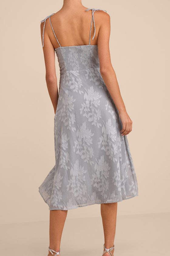 Loveliest Looks Dusty Blue Floral Jacquard Tie-Strap Midi Dress