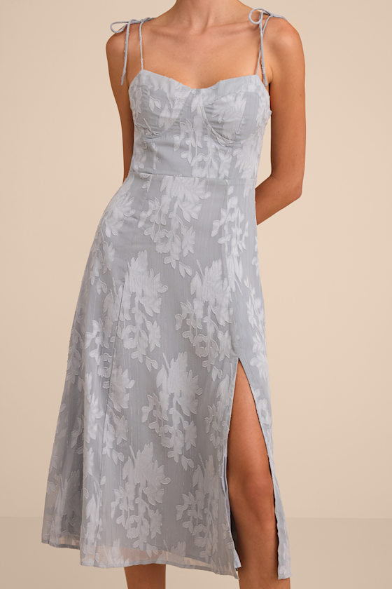 Loveliest Looks Dusty Blue Floral Jacquard Tie-Strap Midi Dress