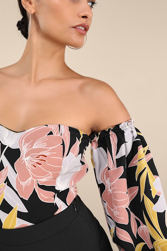 Bring the Blossom Black Floral Print Off-the-Shoulder Bodysuit