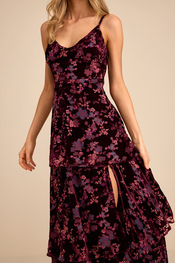 I Love You Amore Plum Purple Floral Velvet Tiered Maxi Dress