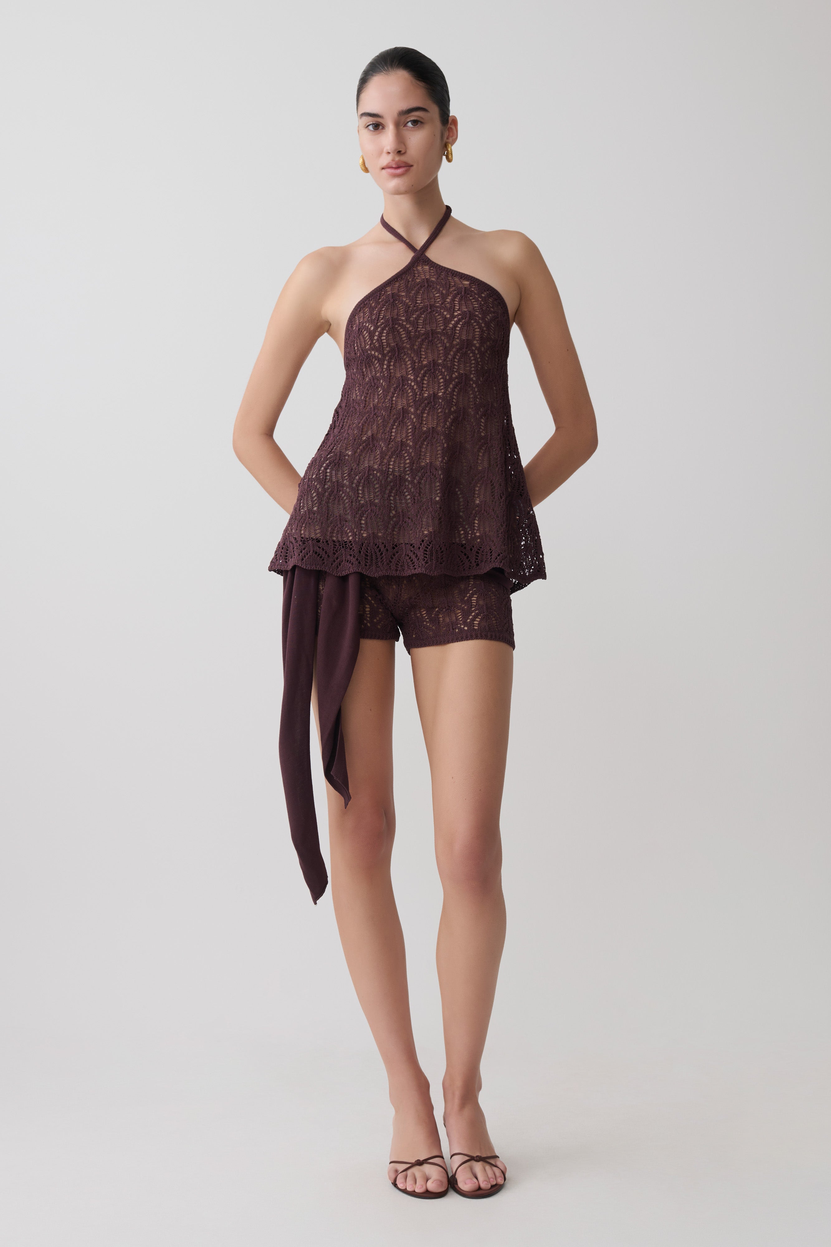 Corey Crochet Halter Neck Top - Chocolate