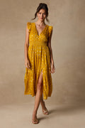 Cause to Celebrate Yellow and Gold Dot Ruffled Tiered Midi Dress