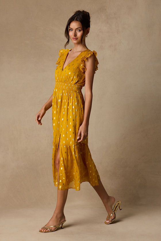 Cause to Celebrate Yellow and Gold Dot Ruffled Tiered Midi Dress