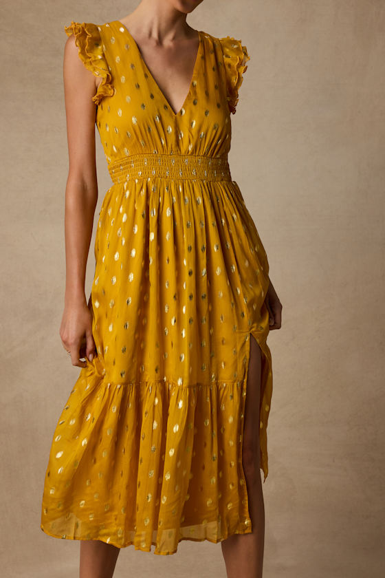 Cause to Celebrate Yellow and Gold Dot Ruffled Tiered Midi Dress