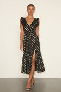 Cause to Celebrate Black and Gold Dot Ruffled Tiered Midi Dress