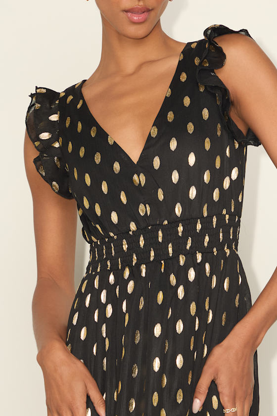 Cause to Celebrate Black and Gold Dot Ruffled Tiered Midi Dress