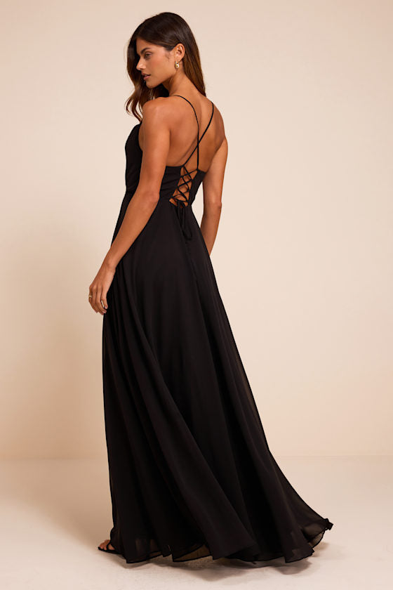 Romantically Speaking Black Cowl Lace-Up Maxi Dress