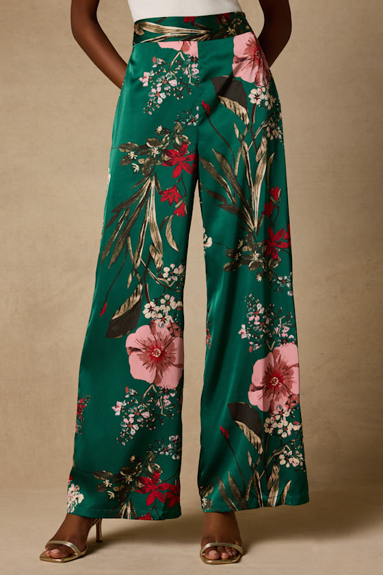 Thriving Vibes Green Floral Print Satin Wide-Leg Pants