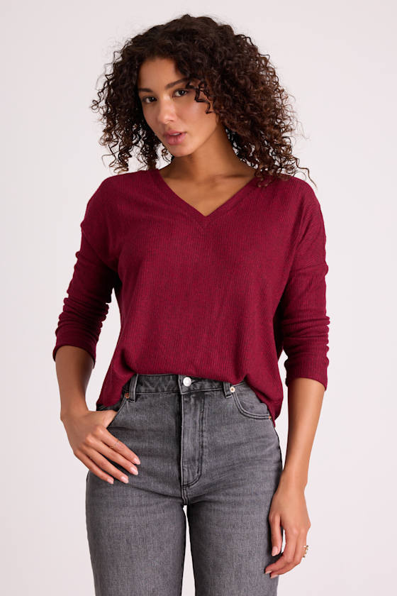 Just Vibing Wine Red Ribbed V-Neck Sweater Top