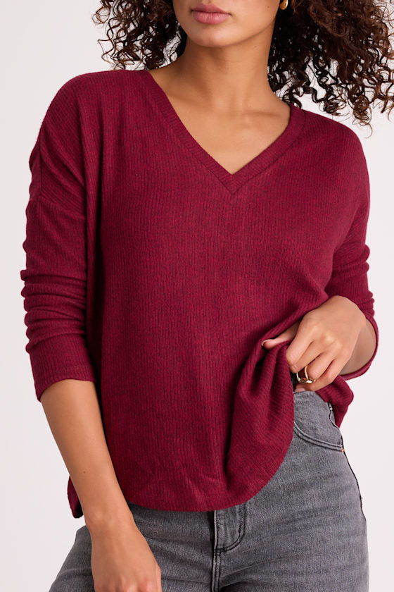 Just Vibing Wine Red Ribbed V-Neck Sweater Top
