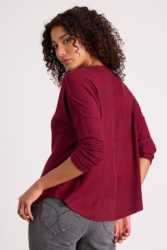 Just Vibing Wine Red Ribbed V-Neck Sweater Top
