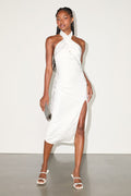 Beyond Classy White Satin Halter Midi Dress