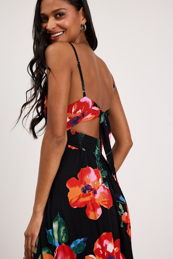 Tropical Blooms Black Floral Print Tie-Back Cutout Dress