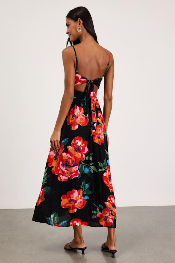 Tropical Blooms Black Floral Print Tie-Back Cutout Dress