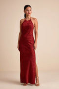 Ayura Rust Red Satin Jacquard Tie-Back Halter Maxi Dress