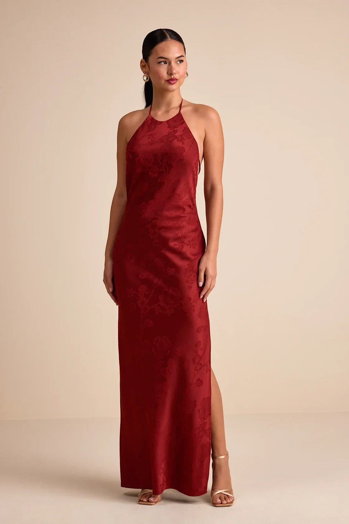 Ayura Rust Red Satin Jacquard Tie-Back Halter Maxi Dress