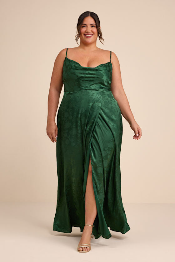 Simply Dreamy Emerald Green Satin Floral Jacquard Maxi Dress