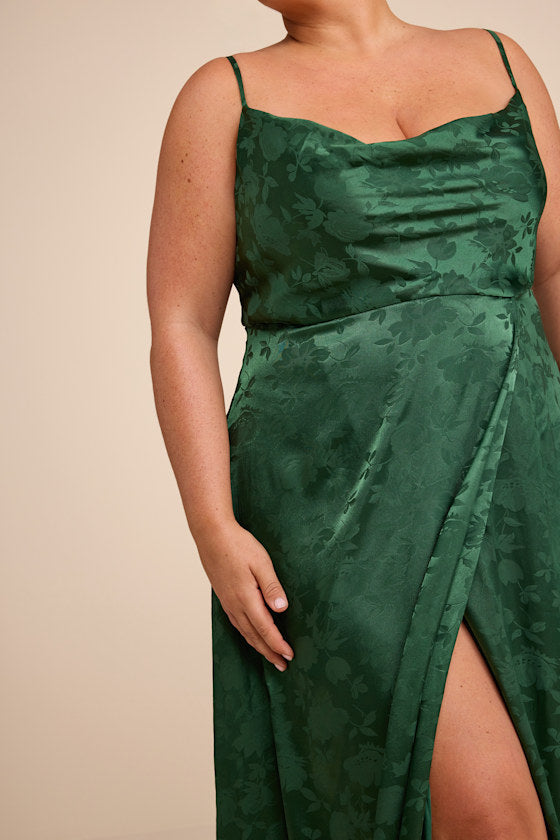 Simply Dreamy Emerald Green Satin Floral Jacquard Maxi Dress