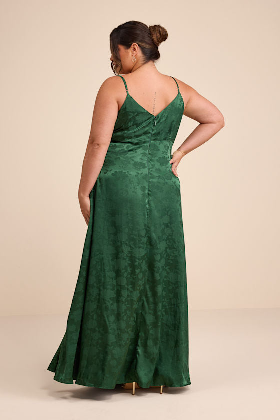 Simply Dreamy Emerald Green Satin Floral Jacquard Maxi Dress