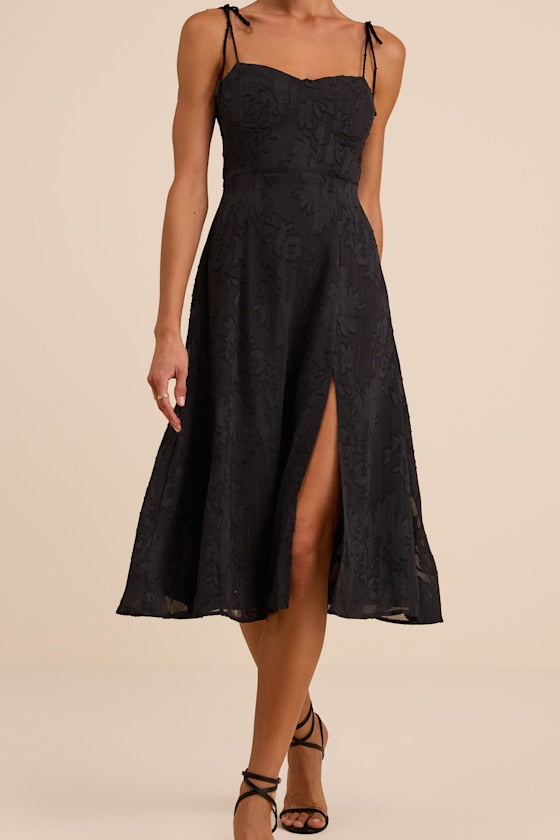 Loveliest Looks Black Floral Jacquard Tie-Strap Midi Dress