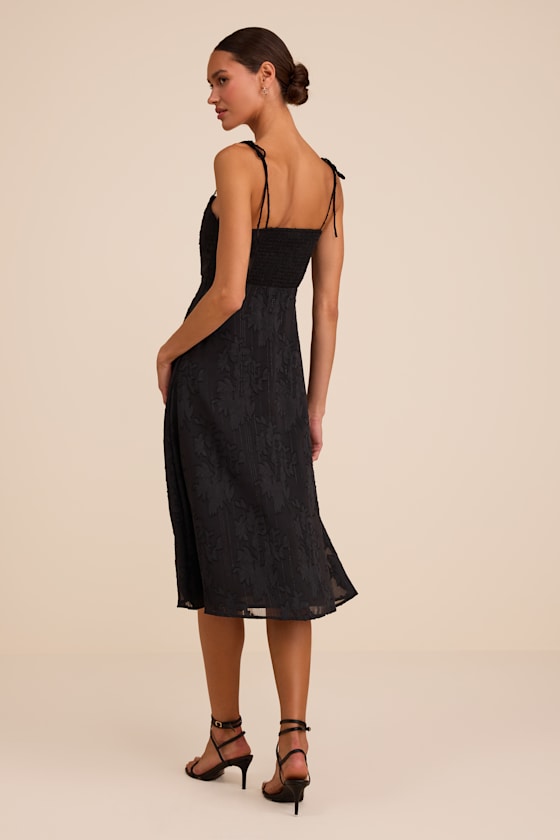 Loveliest Looks Black Floral Jacquard Tie-Strap Midi Dress