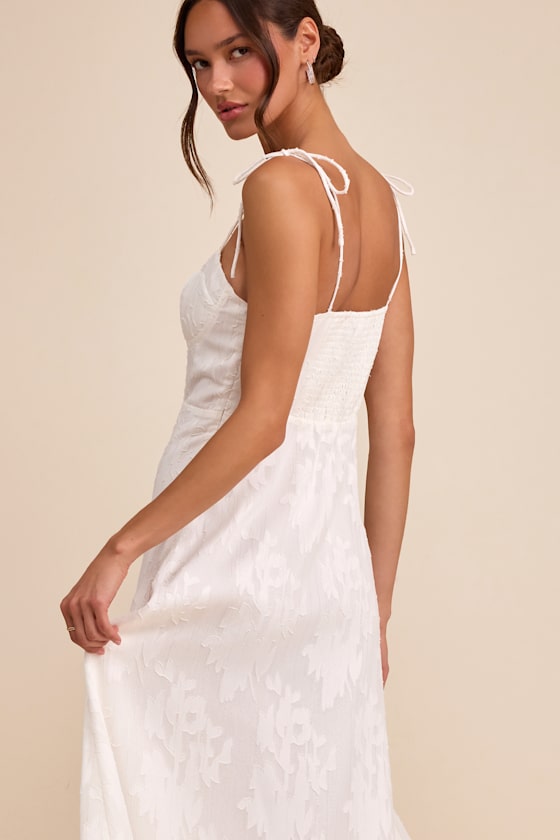 Loveliest Looks White Floral Jacquard Tie-Strap Midi Dress