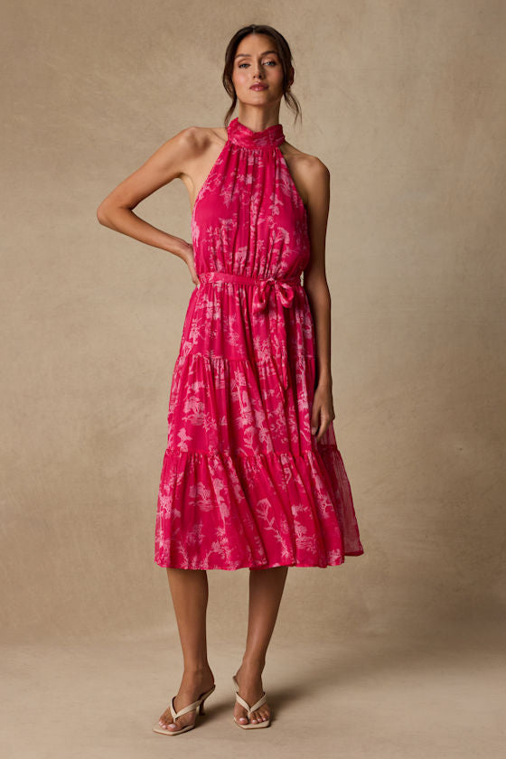 Float to You Hot Pink Floral Print Halter-Neck Tiered Midi Dress