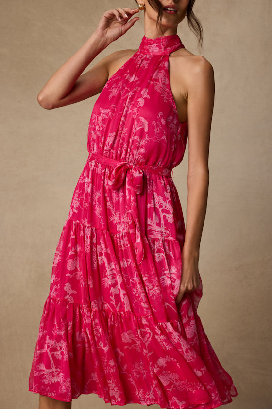 Float to You Hot Pink Floral Print Halter-Neck Tiered Midi Dress