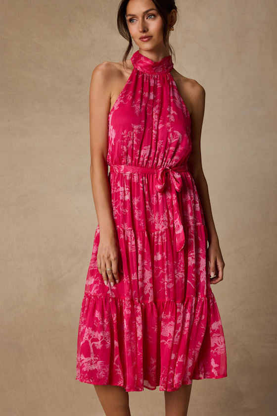 Float to You Hot Pink Floral Print Halter-Neck Tiered Midi Dress