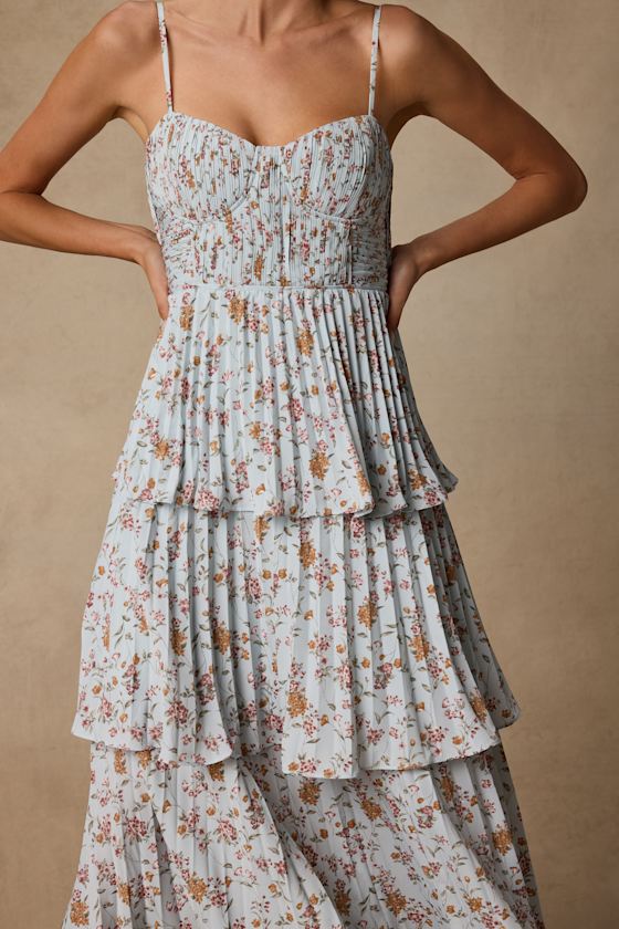 Cascading Crush Pale Blue Floral Print Tiered Bustier Midi Dress