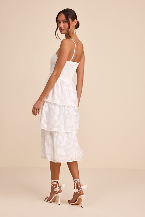 Grace and Beauty White Burnout Floral Print Tiered Dress