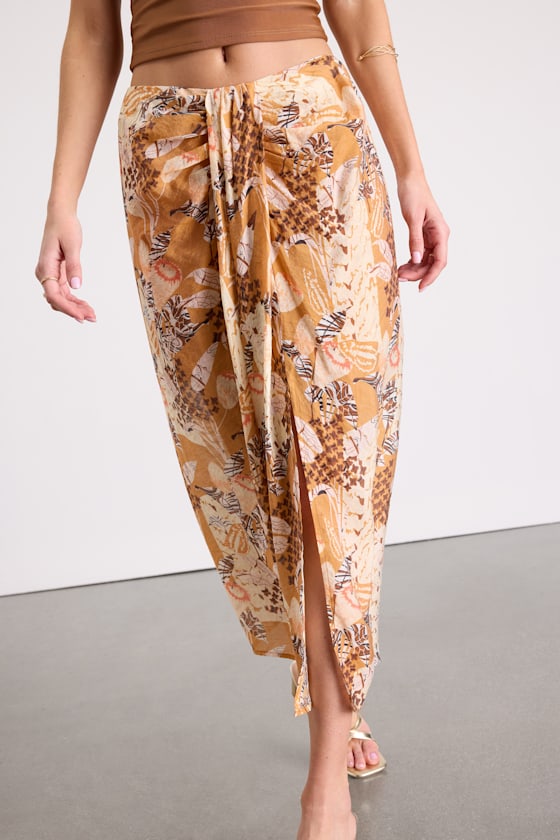 Something Wild Brown Multi Print Twist-Front Midi Skirt