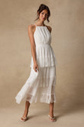 Came For Cocktails White Pleated Tiered Lace Maxi Dress