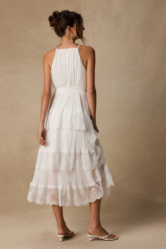 Came For Cocktails White Pleated Tiered Lace Maxi Dress